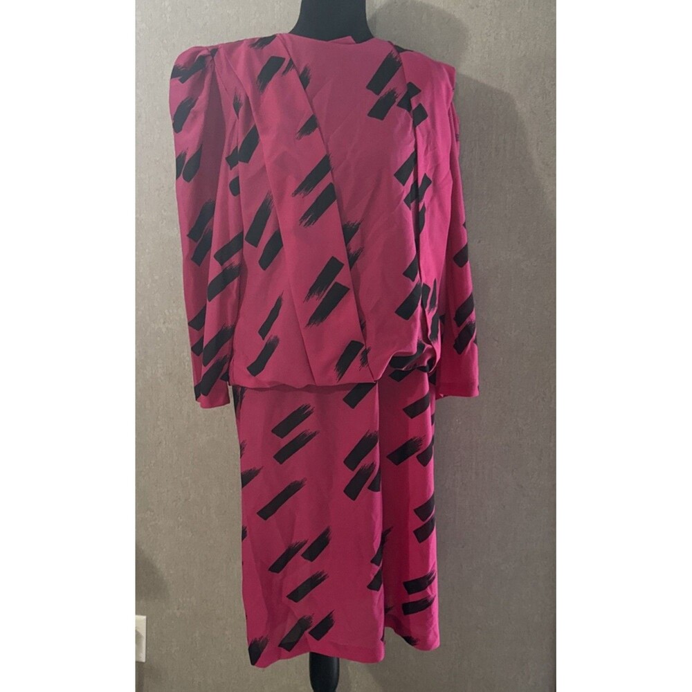 Vintage 80s Magenta Pink Blouson Midi Dress Abstract Brushstroke Puff Shoulder